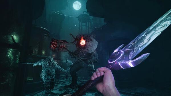 Sker Ritual screenshot of a first-person view holding a glowing purple sword against a red-headed monster in dark ruins.