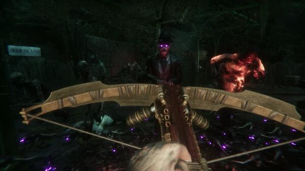 Sker Ritual screenshot: first-person crossbow aiming at a glowing-eyed man in a top hat and a bloody monster.