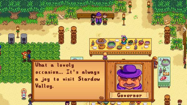 Stardew Valley screenshot: Characters gather at a festive outdoor event with tables of food and drinks, featuring a dialogue with the Governor.