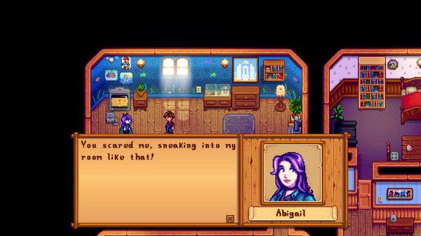 Stardew Valley screenshot: Character in Abigail's cozy room, with dialogue saying, "You scared me, sneaking into my room like that!"