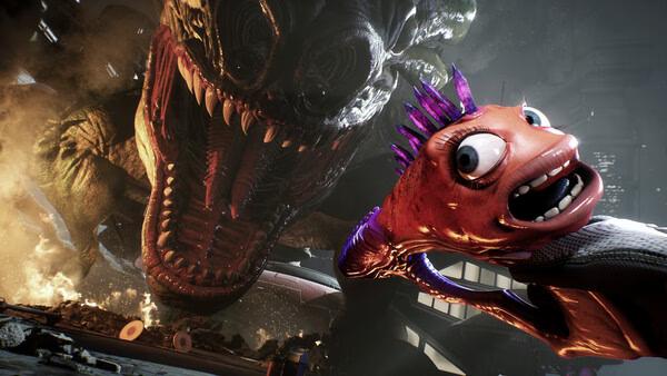 Screenshot from High On Life 2 showing a colorful, animated fish character with wide eyes in front of a large, menacing creature.