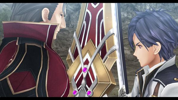 Screenshot from The Legend of Heroes: Trails into Reverie showing two characters facing each other with a large sword between them.