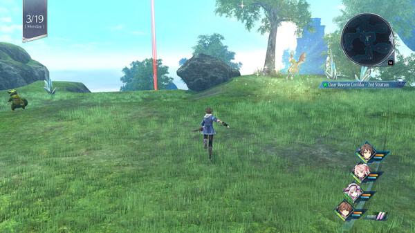 Screenshot from The Legend of Heroes: Trails into Reverie showing a character running through a grassy field with trees under a blue sky.