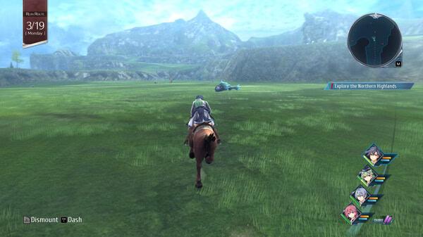 Screenshot from The Legend of Heroes: Trails into Reverie showing a character riding a horse across a vast green field.