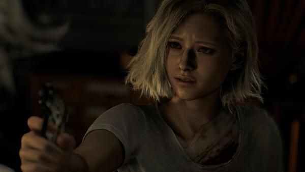 Screenshot from Resident Evil Requiem showing a character with short blonde hair holding a gun, wearing a white shirt with a bloodstain.