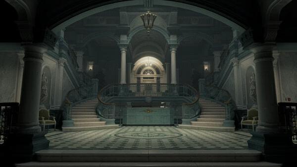 A screenshot from Resident Evil Requiem showing a grand, dimly lit hall with twin staircases, marble columns, and intricate floor patterns.