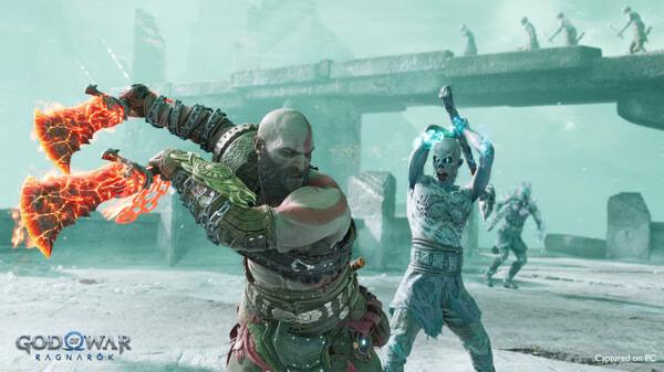 God of War Ragnarök screenshot: Character battles an ice enemy on a snowy bridge, wielding fiery weapons.