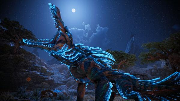 God of War Ragnarök screenshot: A glowing, blue-scaled creature with sharp teeth stands under a moonlit sky, surrounded by trees and rocky terrain.