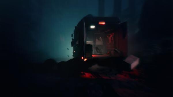 REANIMAL screenshot: A dimly lit truck with its back doors open in a dark, foggy forest setting.