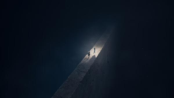 Two characters walk along a glowing edge in a dark, mysterious environment in this REANIMAL game screenshot.