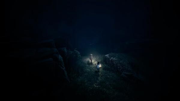 Screenshot from REANIMAL showing two characters walking through a dark forest, illuminated by a glowing lantern.