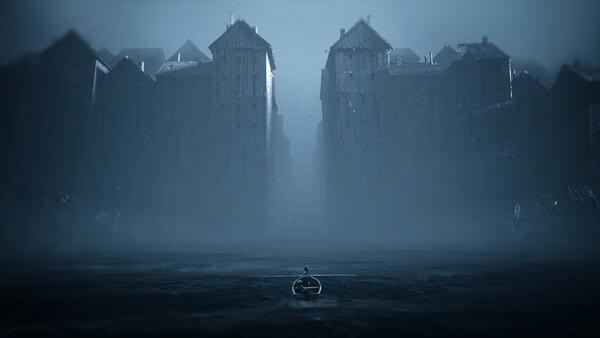 Screenshot from REANIMAL: A lone boat drifts in eerie waters towards towering, fog-shrouded buildings.