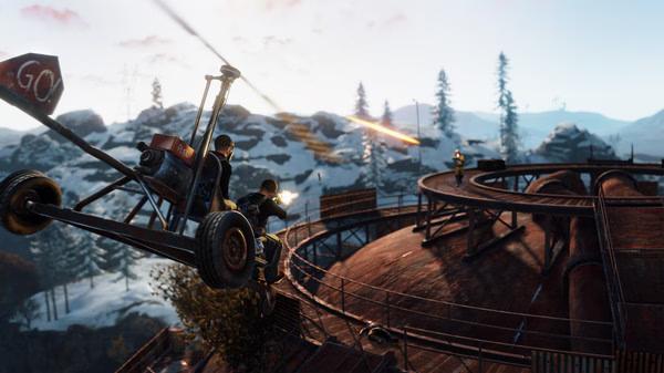 A RUST screenshot shows two players flying a gyrocopter, firing at enemies on a snowy, mountainous terrain.