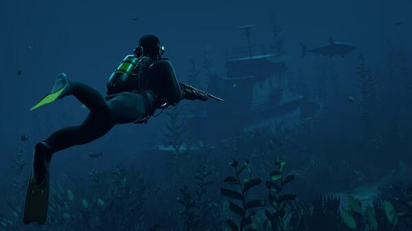 Diver with flippers and oxygen tank swims near a sunken ship in RUST. A shark swims nearby. Underwater adventure screenshot.