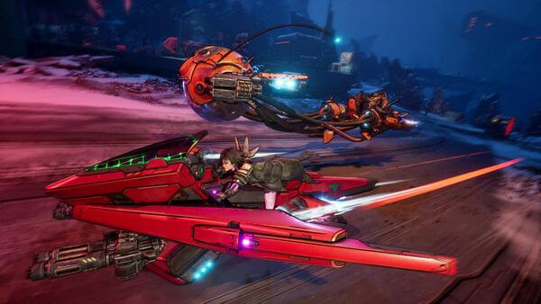 Screenshot from Borderlands 4 showing a character on a red hover bike racing against an orange drone in a snowy landscape.