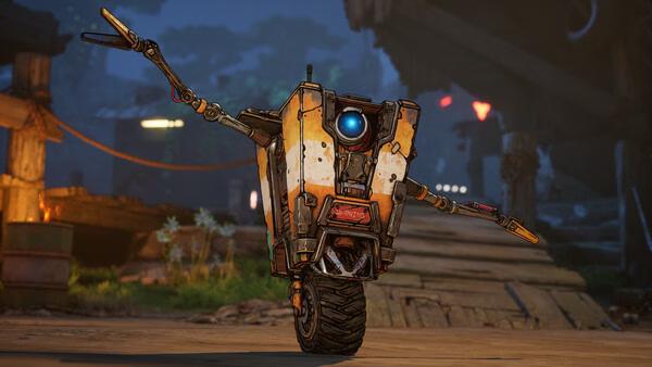 Screenshot from Borderlands 4 showing a robot with one wheel and extended arms, set against a rugged, colorful background.