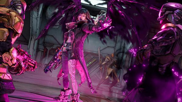 Screenshot from Borderlands 4 showing a character casting a purple spell, facing two armored enemies in a futuristic setting.