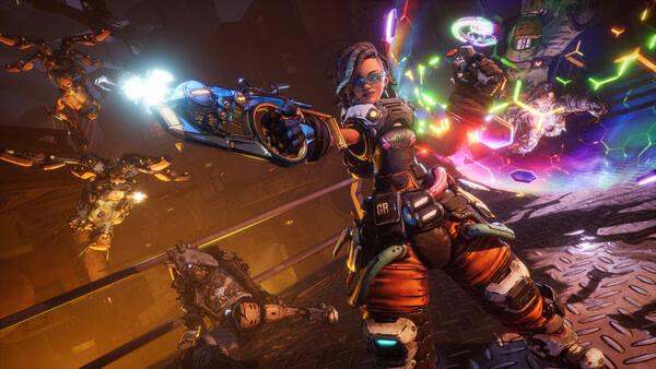 Screenshot from Borderlands 4 showing a character firing a futuristic weapon amidst colorful explosions and enemies.