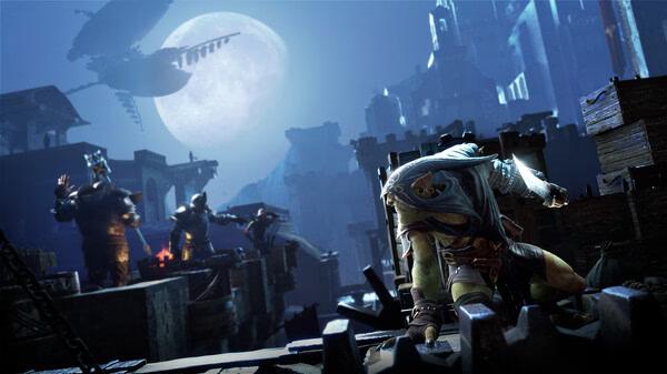 A screenshot from Styx: Blades of Greed showing Styx crouching on a fortress ledge with guards and a large moon in the background.