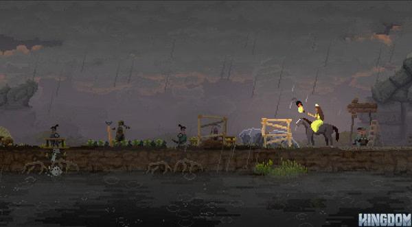 Screenshot from Kingdom: Classic showing a monarch on horseback near workers building structures by a rainy riverside.