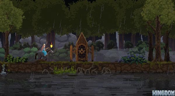 A screenshot from Kingdom: Classic showing a rider with a torch on a horse, near a forest altar, during a rainstorm.
