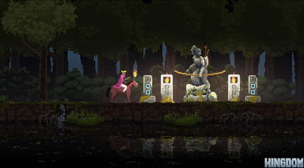 A 'Kingdom: Classic' screenshot showing a monarch on horseback near a stone statue in a forest setting.