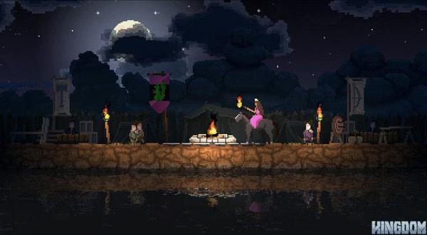 A screenshot from Kingdom: Classic showing a monarch on horseback near a campfire, surrounded by villagers and medieval banners.