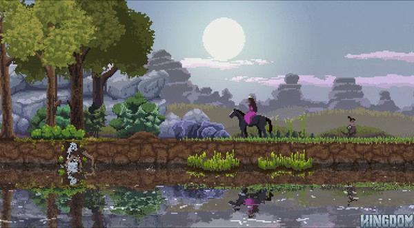 Kingdom: Classic screenshot showing a monarch on horseback in a lush forest landscape with a reflected moonlit sky in the water.