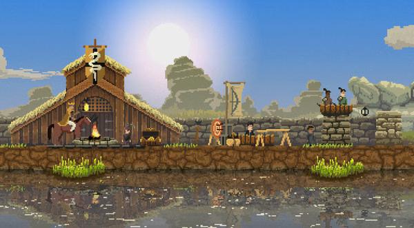 A screenshot from Kingdom: Classic showing a pixelated landscape with a ruler on horseback near a campfire and wooden structures.