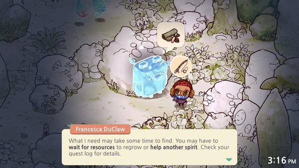 Screenshot from Cozy Grove: A character stands near an icy block with floating logs, reading a message from Francesca DuClaw.