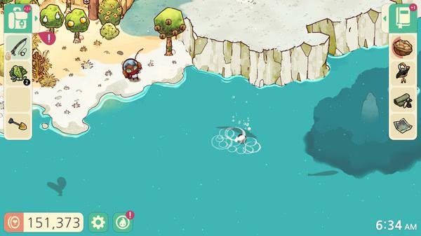 Cozy Grove screenshot showing a character fishing by a turquoise lake, surrounded by trees and cliffs, with UI elements visible.