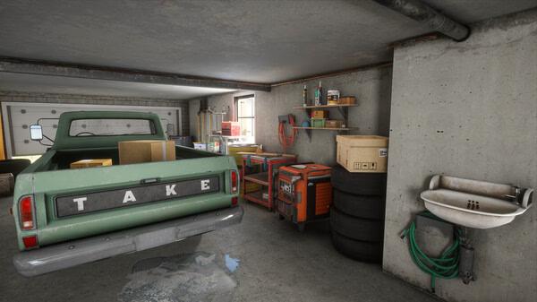 Screenshot from Electrician Simulator showing a garage with a green pickup truck, shelves, a toolbox, and various tools.