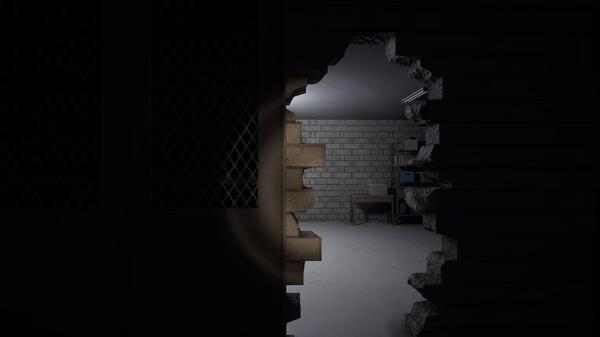 Screenshot from Electrician Simulator showing a dimly lit room with a brick wall, a flashlight beam, and shelves in the background.