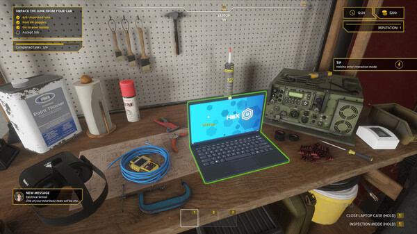 Screenshot from Electrician Simulator showing a workbench with tools, a laptop displaying a logo, and various electrical equipment.