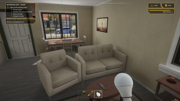 Screenshot from Electrician Simulator showing a living room with couches, a table, and a light bulb icon in the foreground.