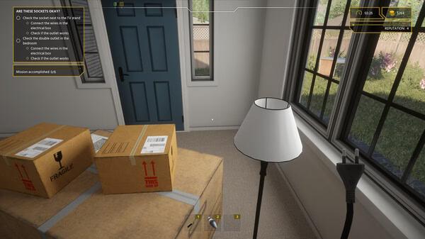 Screenshot from Electrician Simulator showing a room with a lamp, cardboard boxes on a table, and task instructions on the left.