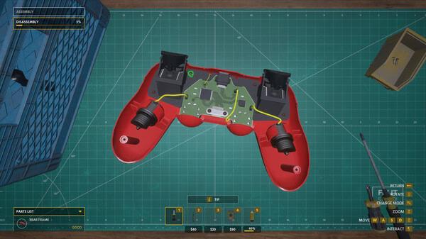 Electrician Simulator screenshot: A dismantled red game controller on a workbench, with tools and components visible around it.