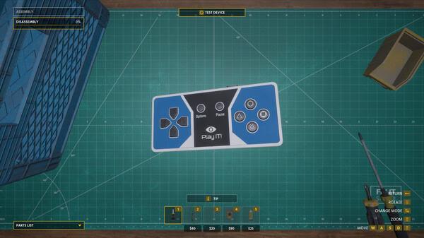 Screenshot from Electrician Simulator showing a disassembled game controller on a workbench with tools and parts.