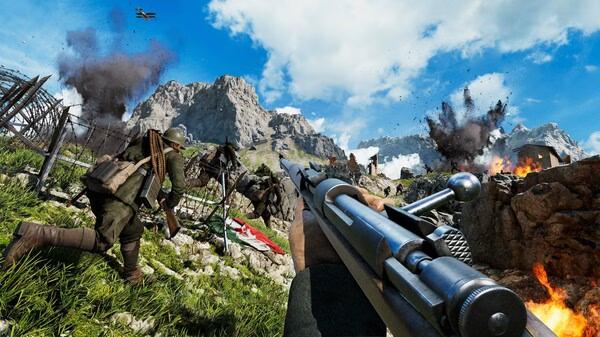 Screenshot from Isonzo showing a soldier aiming a rifle in a mountain battlefield with explosions and another soldier nearby.