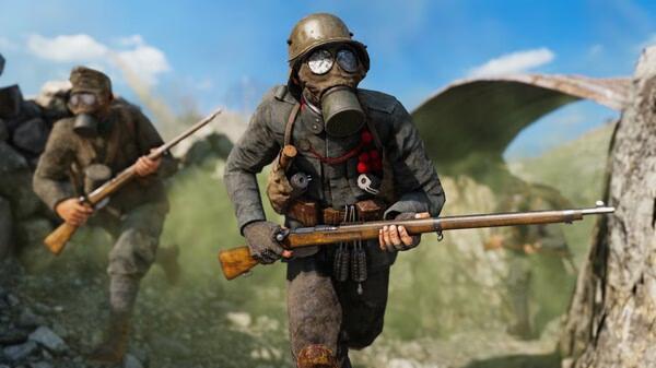 Screenshot from Isonzo showing two soldiers in WWI gear and gas masks advancing with rifles through a smoky battlefield.