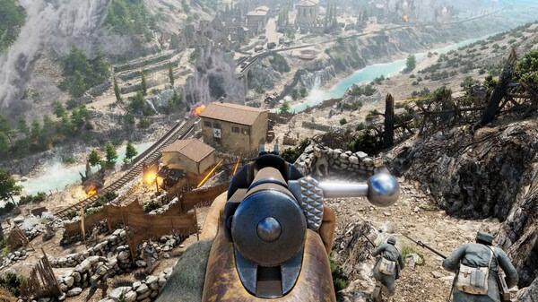 Screenshot from Isonzo showing a soldier aiming a rifle downhill towards a village, with explosions and smoke visible in the background.