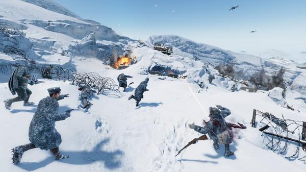 Screenshot from Isonzo showing soldiers engaged in a snowy battle, with explosions and gunfire in the background.
