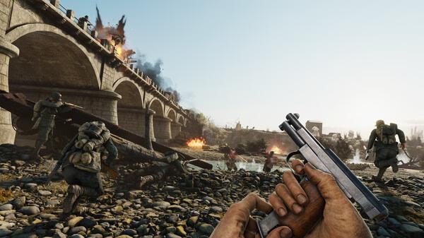 A screenshot from Isonzo showing soldiers in combat near a burning bridge, with a player holding a pistol in the foreground.