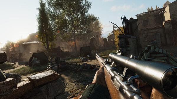 A screenshot from Isonzo showing a soldier aiming a rifle in a war-torn village with smoke and fire in the background.
