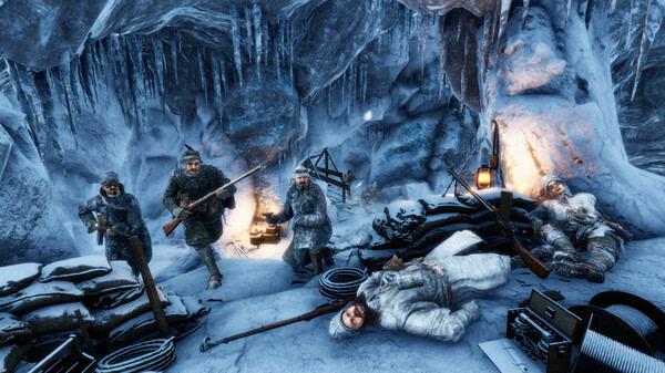 Screenshot from Isonzo showing soldiers in a snowy cave with rifles, supplies, and a lantern, surrounded by icicles and cold conditions.