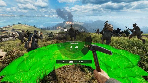 Isonzo screenshot: Players fortify a hilltop with sandbags as soldiers advance amidst smoke and fire on a scenic battlefield.