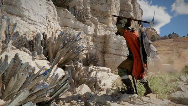 Screenshot from Crimson Desert showing a character mining crystal formations on a rocky cliff under a clear blue sky.