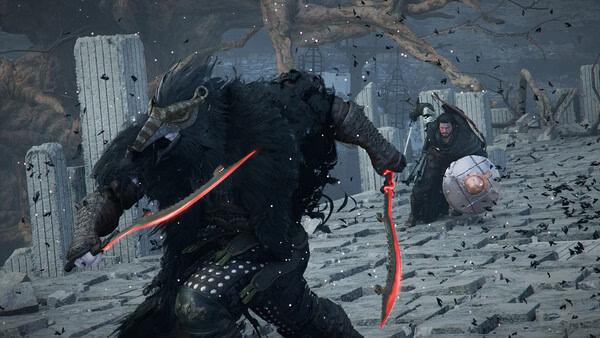 Crimson Desert screenshot: A warrior in dark armor wields glowing red swords, battling an enemy with a shield in a desolate stone area.