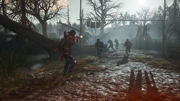 A Days Gone screenshot showing the protagonist battling a group of armed enemies in a muddy forest with misty surroundings.