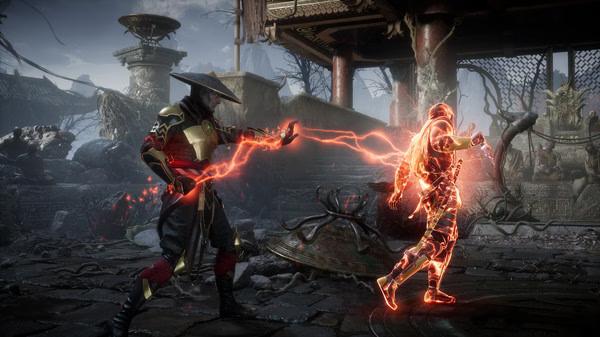 Mortal Kombat 11 screenshot: Raiden attacks Scorpion with lightning in a temple-like arena surrounded by ruins and debris.